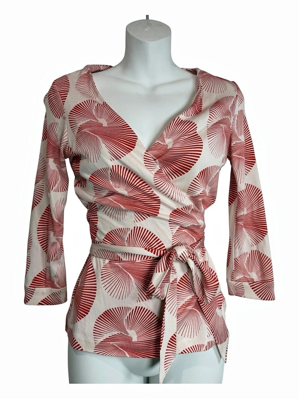 Diane von Furstenberg New Jill Wrap Top DVF Silk geometric Fan Print 0 Red White